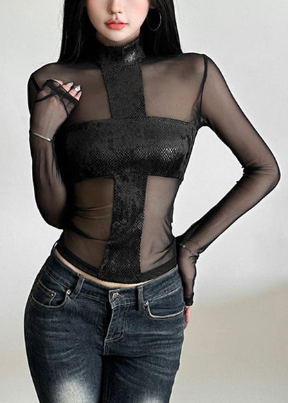 Tulle Top Sheer Spring Turtleneck Black Sexy