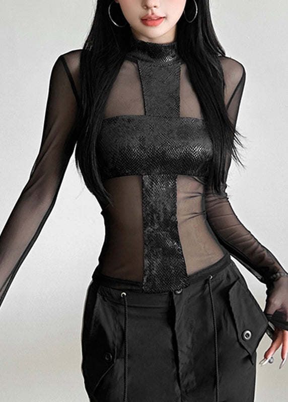 Tulle Top Sheer Spring Turtleneck Black Sexy