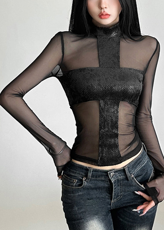 Tulle Top Sheer Spring Turtleneck Black Sexy
