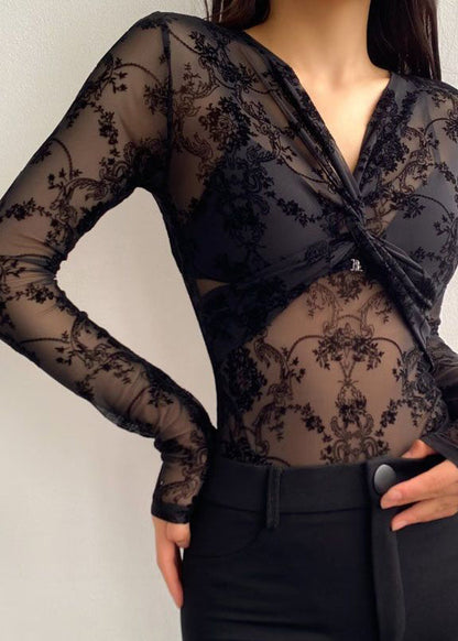 Tulle Wrinkled Black Sexy Neck V Bodysuit Flocking