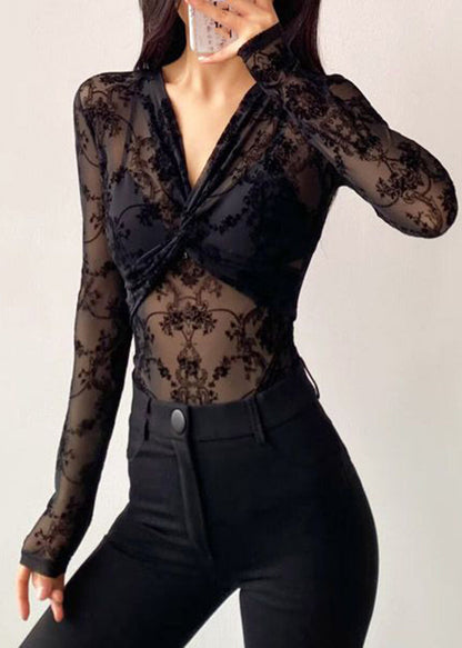 Tulle Wrinkled Black Sexy Neck V Bodysuit Flocking