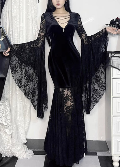 Sexy Black V Neck Lace Patchwork Silk Velvet Long Dresses Flare Sleeve YT029