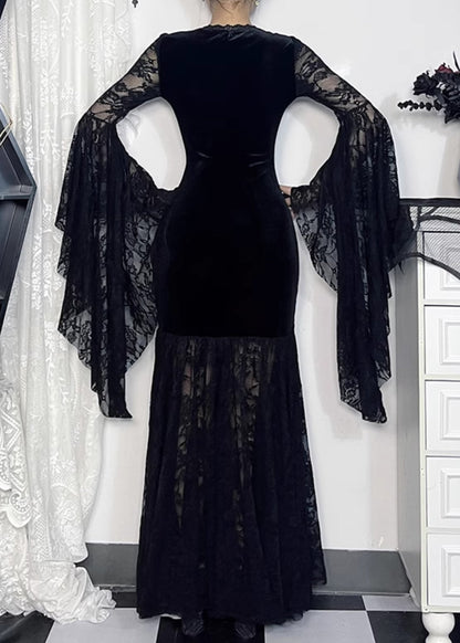 Sexy Black V Neck Lace Patchwork Silk Velvet Long Dresses Flare Sleeve YT029