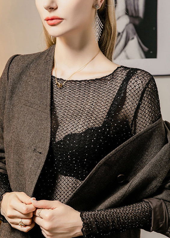 Zircon T Hollow Shirt Out Fall Thin Lace Sexy Black