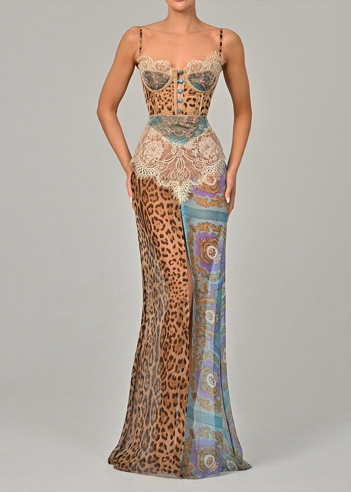 Dress Blue Chiffon Sexy Spaghetti Strap Patchwork Leopard Lace