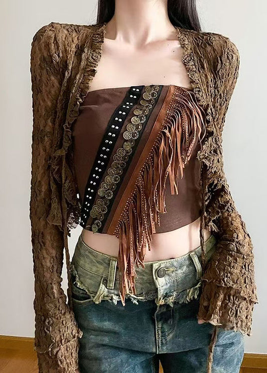 Two Brown And Up Tank Sexy Tasseled Cardigans Out Hollow Lace