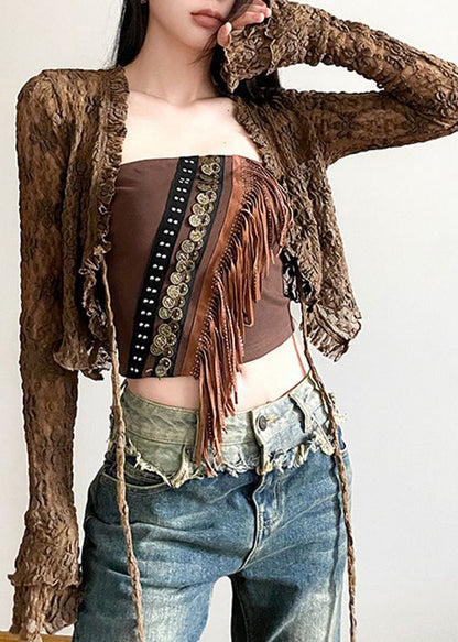 Two Brown And Up Tank Sexy Tasseled Cardigans Out Hollow Lace