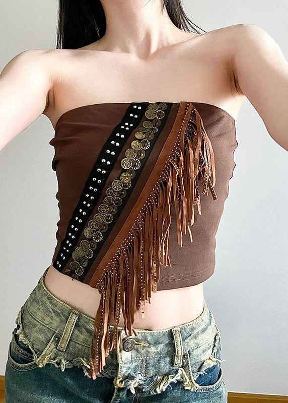 Two Brown And Up Tank Sexy Tasseled Cardigans Out Hollow Lace