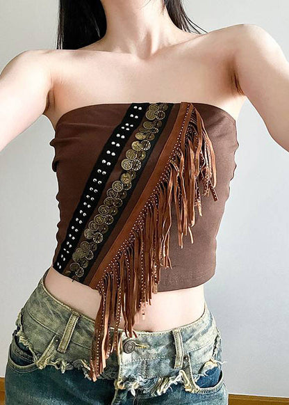 Two Brown And Up Tank Sexy Tasseled Cardigans Out Hollow Lace