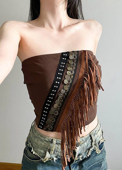 Two Brown And Up Tank Sexy Tasseled Cardigans Out Hollow Lace
