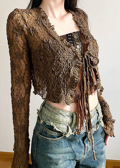 Two Brown And Up Tank Sexy Tasseled Cardigans Out Hollow Lace