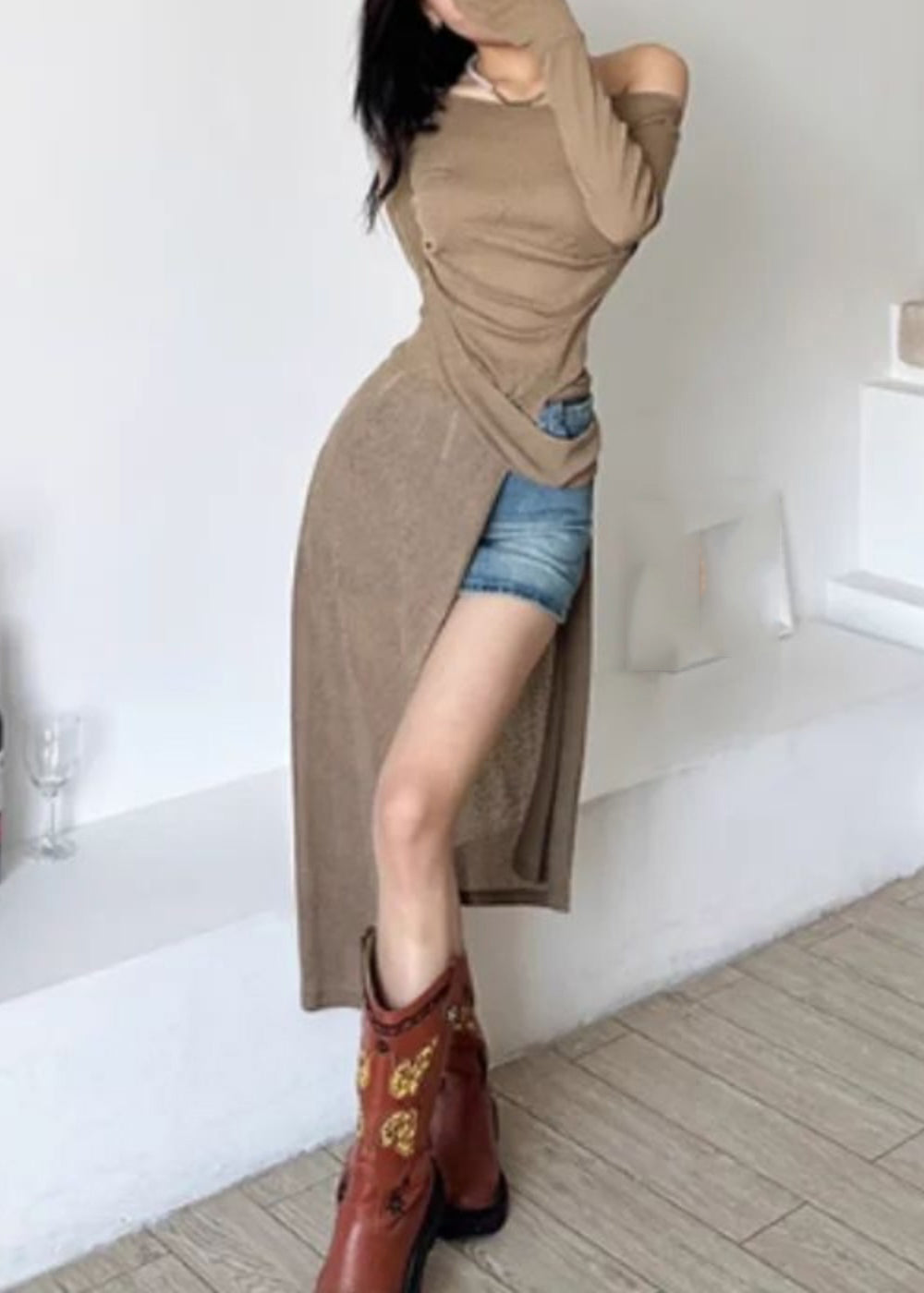 Open Sexy Shoulder Brown Dresses Side Maxi One Silk Asymmetrical