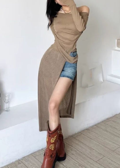 Open Sexy Shoulder Brown Dresses Side Maxi One Silk Asymmetrical