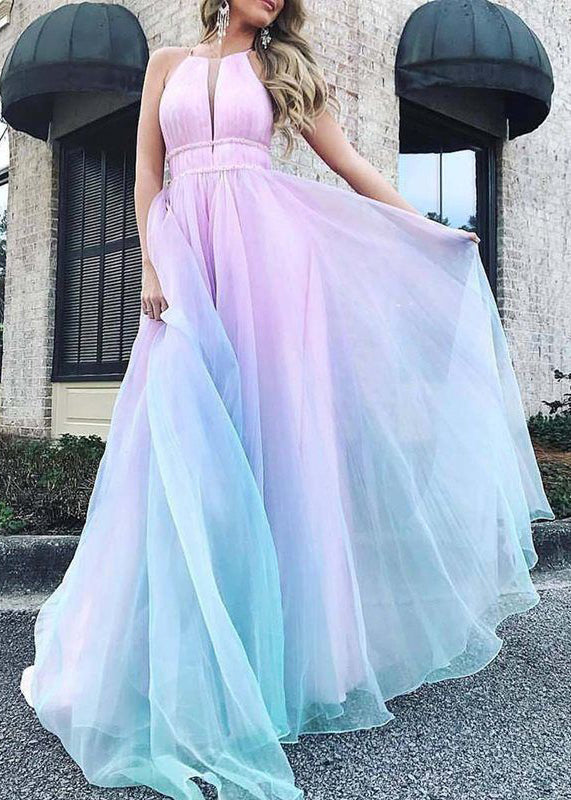 Sexy Gradient Color V Neck High Waist Tulle Maxi Dresses Sleeveless WW1036