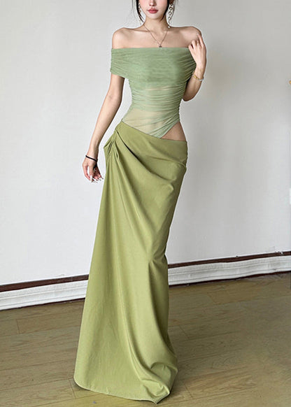 Sexy Dresses Summer Maxi Wrinkled Patchwork Tulle Green