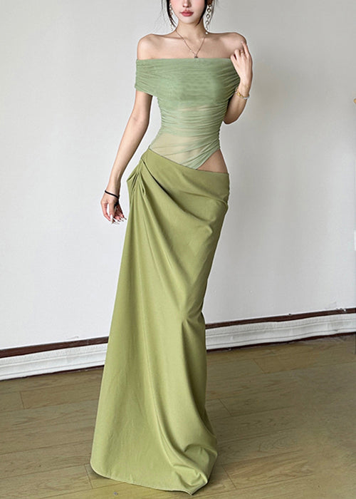 Sexy Dresses Summer Maxi Wrinkled Patchwork Tulle Green