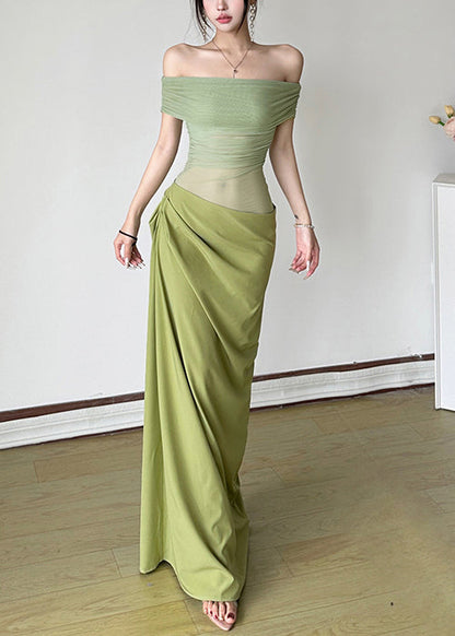 Sexy Dresses Summer Maxi Wrinkled Patchwork Tulle Green