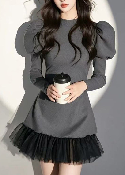 O-Neck Mid Puff Dress Sleeve Sexy Patchwork Grey