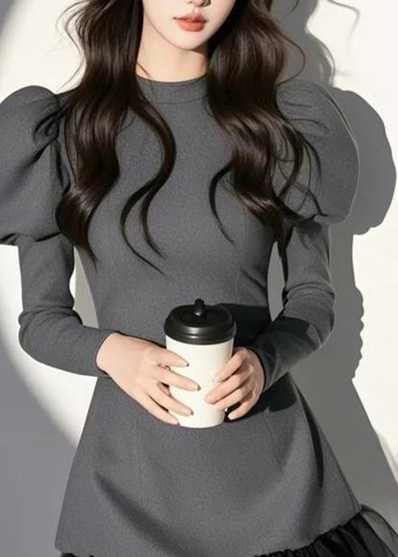 O-Neck Mid Puff Dress Sleeve Sexy Patchwork Grey