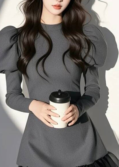 O-Neck Mid Puff Dress Sleeve Sexy Patchwork Grey