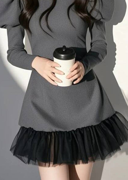 O-Neck Mid Puff Dress Sleeve Sexy Patchwork Grey