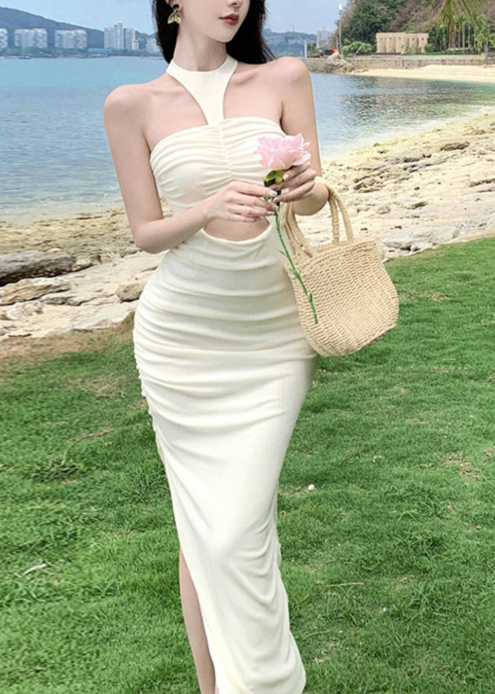 Sexy Milk White Wrinkled Cold Shoulder Hollow Out Long Dress Summer UU1054