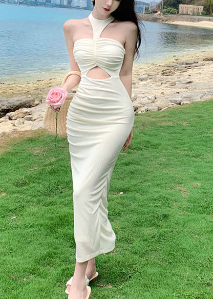 Sexy Milk White Wrinkled Cold Shoulder Hollow Out Long Dress Summer UU1054