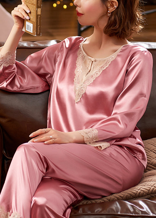 Patchwork Pieces Two Pajamas Silk Lace Pink Sexy Set