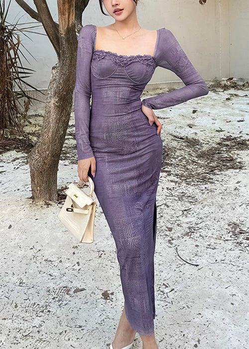 Sexy Pink Square Collar Side Open Cotton Long Dress Spring YT008