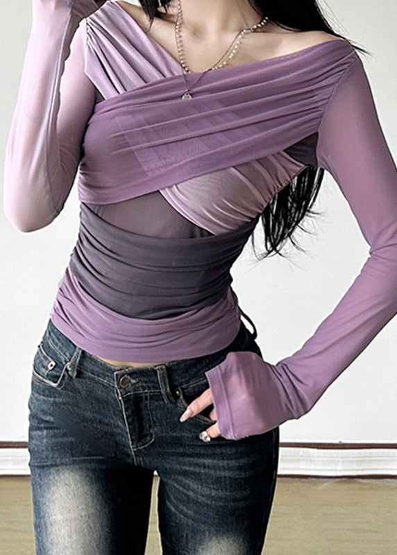 Spring Tulle Sexy Purple Top Neck Wrinkled Slash