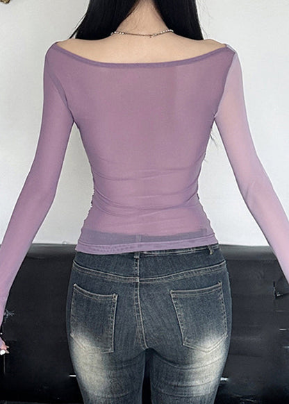 Spring Tulle Sexy Purple Top Neck Wrinkled Slash