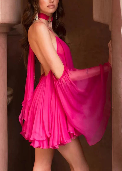 Sexy Rose V-Neck Sleeves Skirt Flared Backless Short