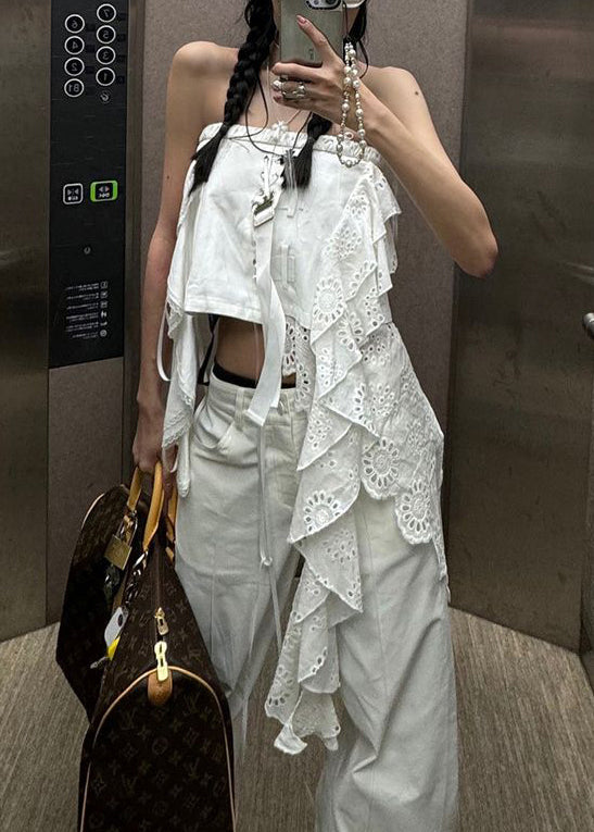 Sleeveless Tank Sexy White Out Hollow Asymmetrical Cotton