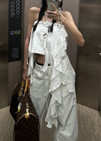 Sleeveless Tank Sexy White Out Hollow Asymmetrical Cotton