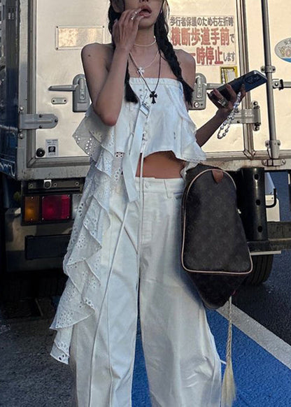 Sleeveless Tank Sexy White Out Hollow Asymmetrical Cotton