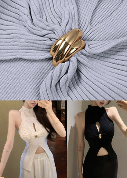 Summer Out Sexy Knit Open Hollow Tanks Front White