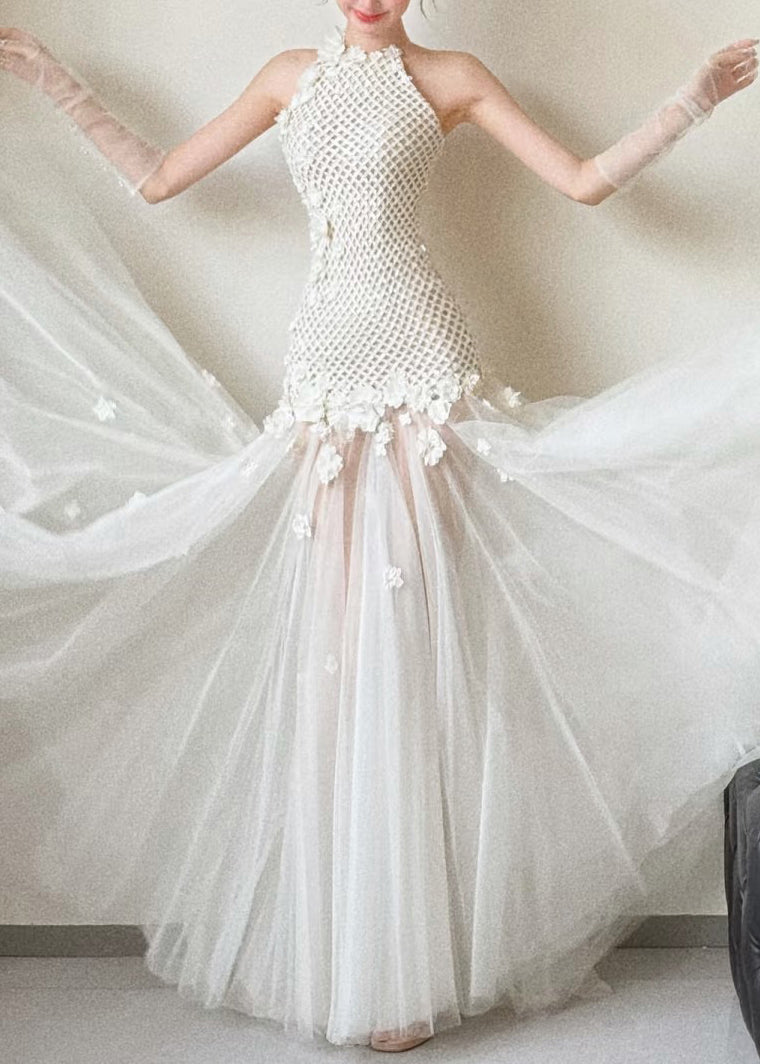 Party White Dress Out Sleeveless Hollow Tulle Patchwork Sexy