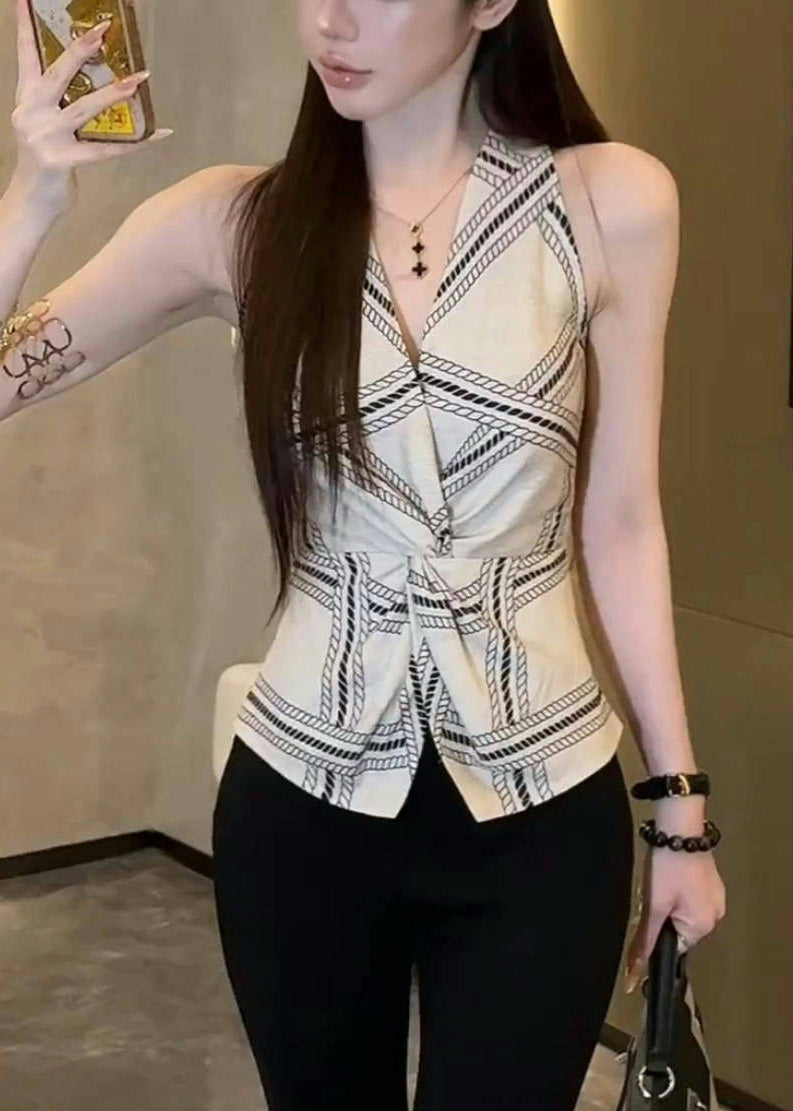 Summer Halter Fit Vests Sexy Open White Silm Print Side