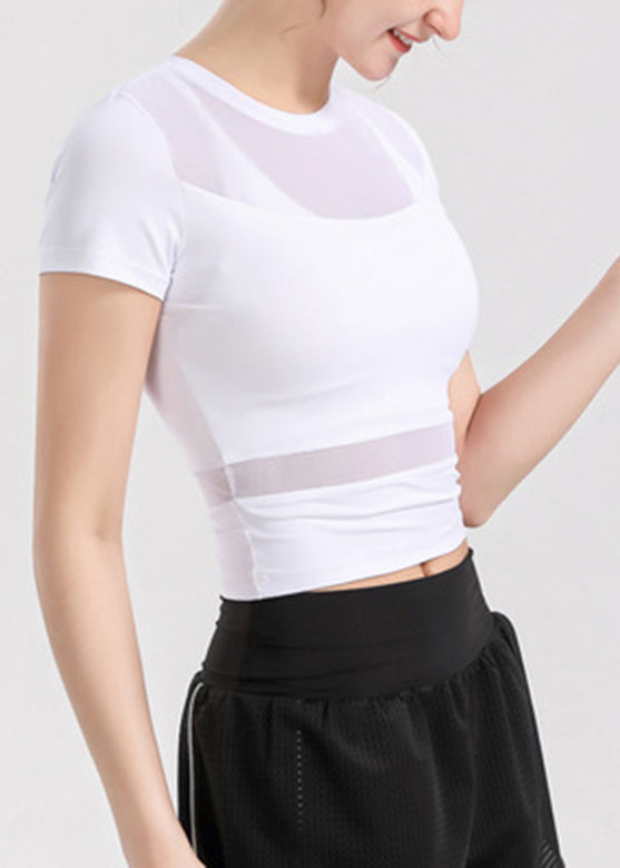 Patchwork Sleeve Tulle Yoga Sexy Top Short White