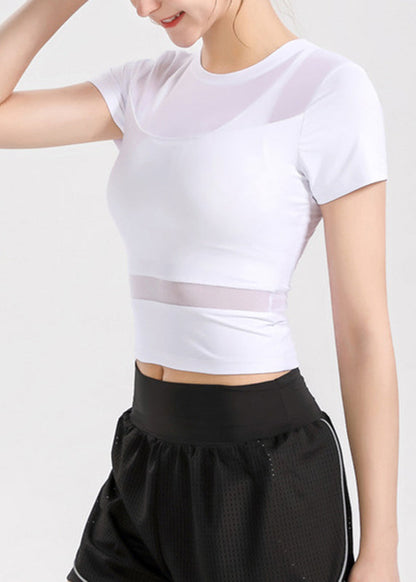 Patchwork Sleeve Tulle Yoga Sexy Top Short White