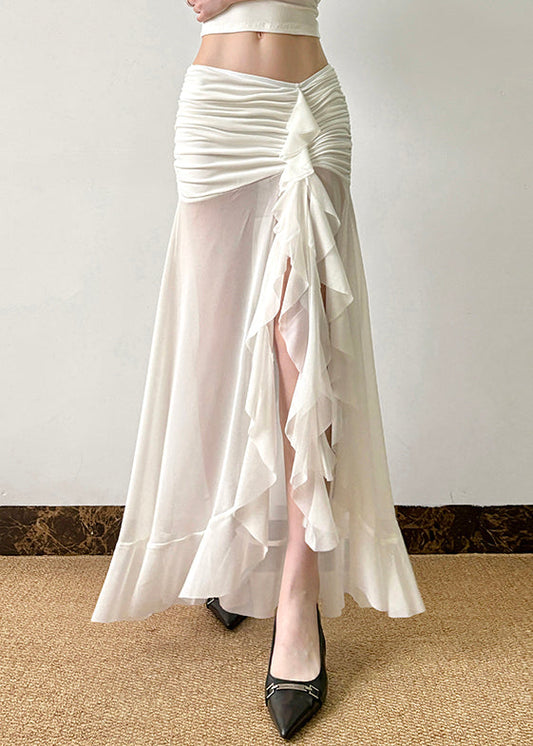 Sexy Tulle Open Summer Wrinkled Skirt Side White