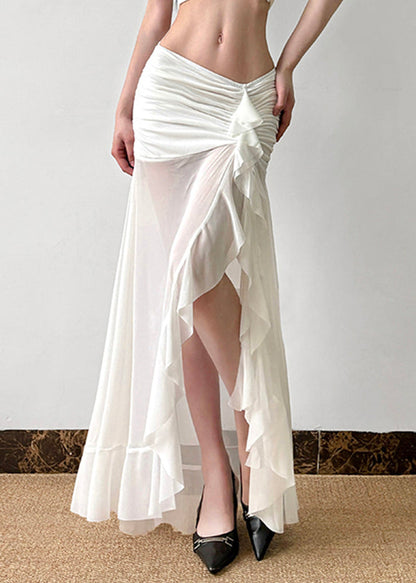 Sexy Tulle Open Summer Wrinkled Skirt Side White