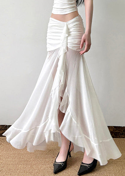Sexy Tulle Open Summer Wrinkled Skirt Side White