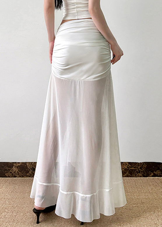 Sexy Tulle Open Summer Wrinkled Skirt Side White