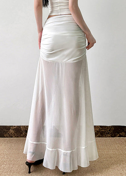 Sexy Tulle Open Summer Wrinkled Skirt Side White