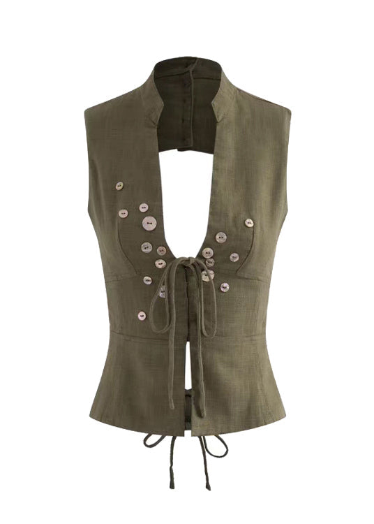 Backless Summer Silm Vest Lace Tops Army Green Up Fit