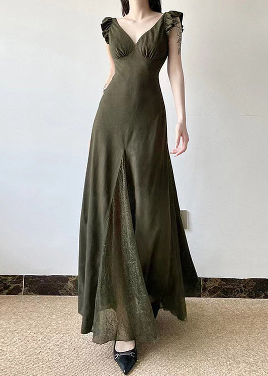 Silm Fit Army Green Exra Large Hem Patchwork Lace Long Dresses Summer YP005