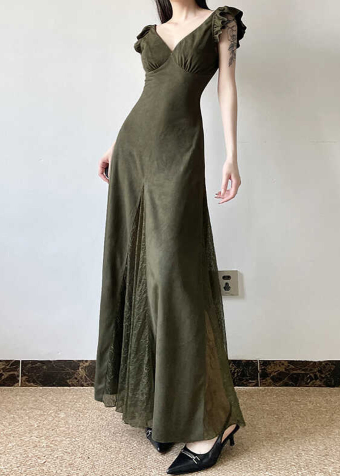 Silm Fit Army Green Exra Large Hem Patchwork Lace Long Dresses Summer YP005