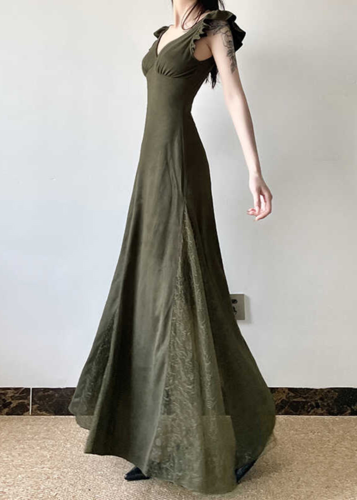 Silm Fit Army Green Exra Large Hem Patchwork Lace Long Dresses Summer YP005