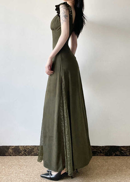 Silm Fit Army Green Exra Large Hem Patchwork Lace Long Dresses Summer YP005